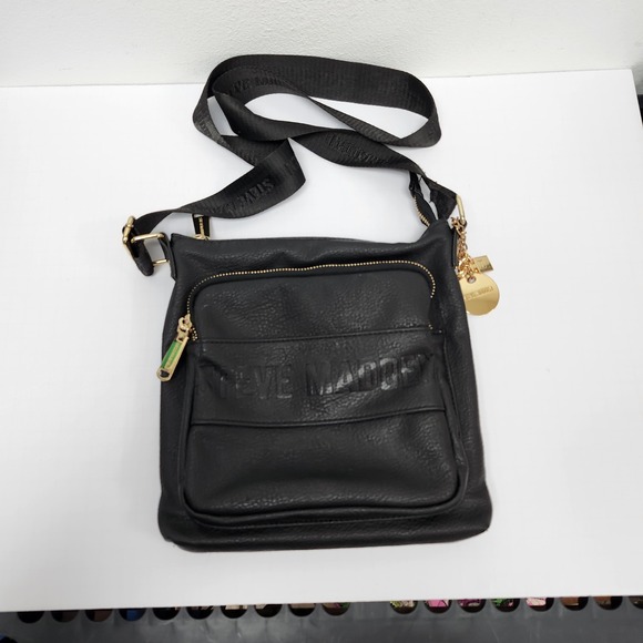 Steve Madden Embossed Logo Black Crossbody Bag 9"x8" Gold‎ Hardware - Picture 1 of 13